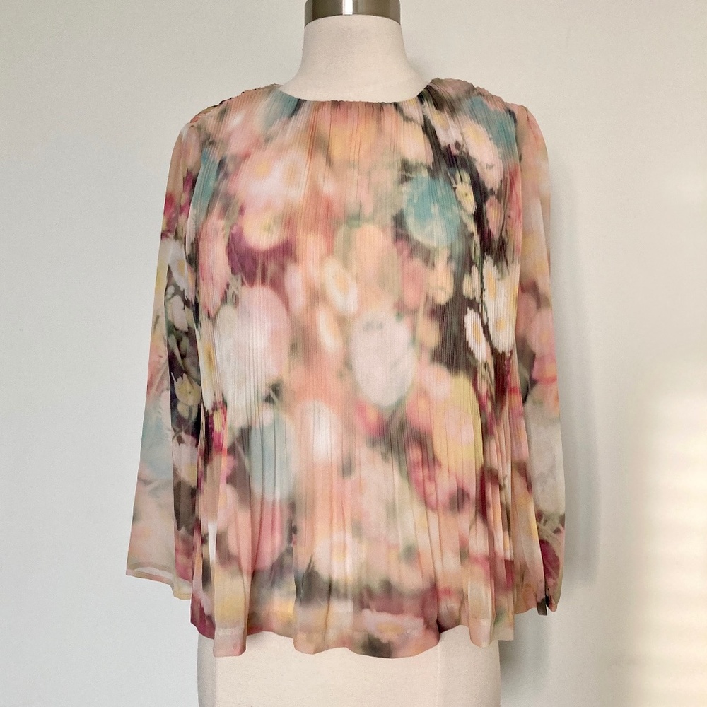 Watercolor Floral Pleats Blouse Chiffon Long Sleeves  Top Cream Peach Pink Green